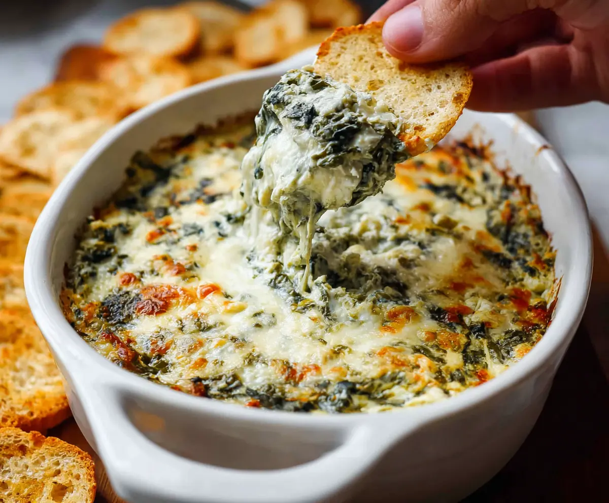 Creamy spinach and artichoke dip served in a bowl, perfect for appetizers and parties.