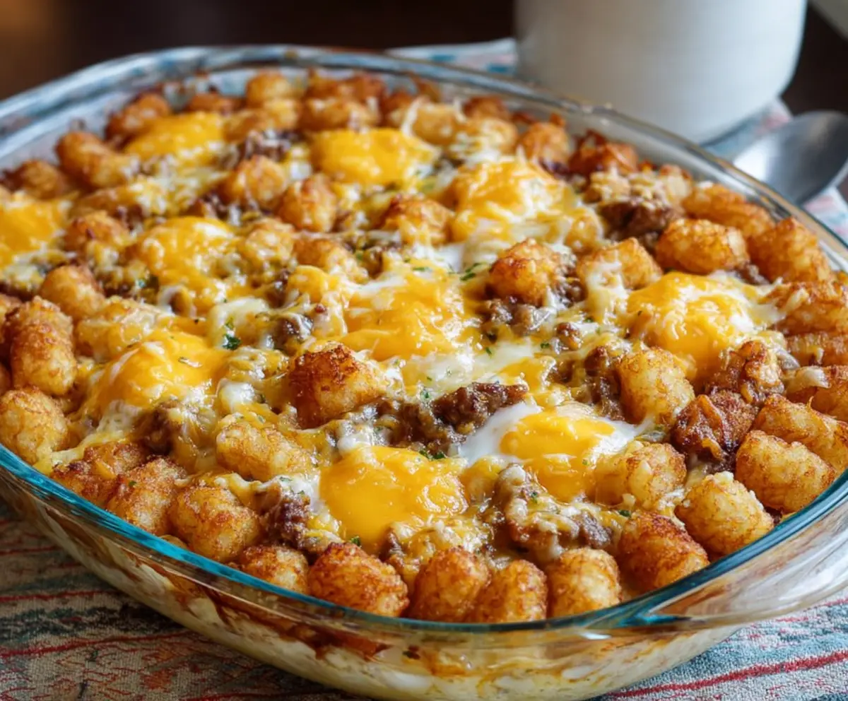 Delicious Tater Tot Sausage Breakfast Casserole with melted cheese and crispy toppings