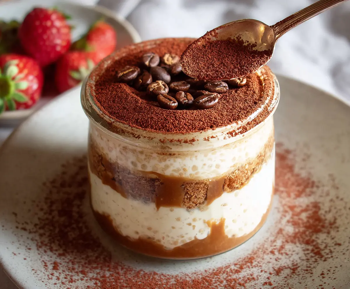 Delicious Tiramisu Overnight Oats in a glass jar topped with cocoa powder and cocoa nibs.