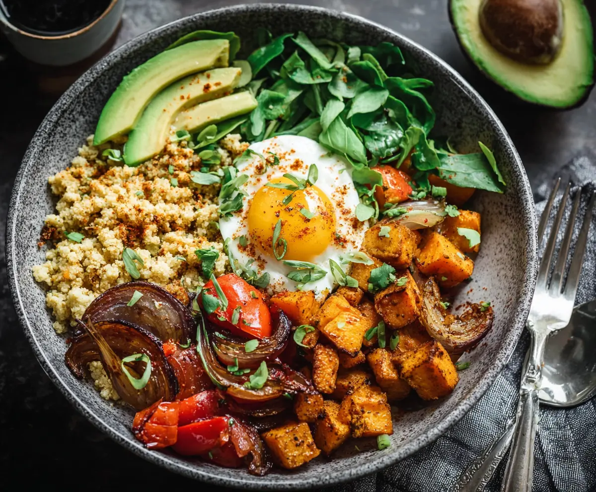 Colorful Veggie Breakfast Bowl with fresh vegetables, eggs, and grains for a healthy start to your day.