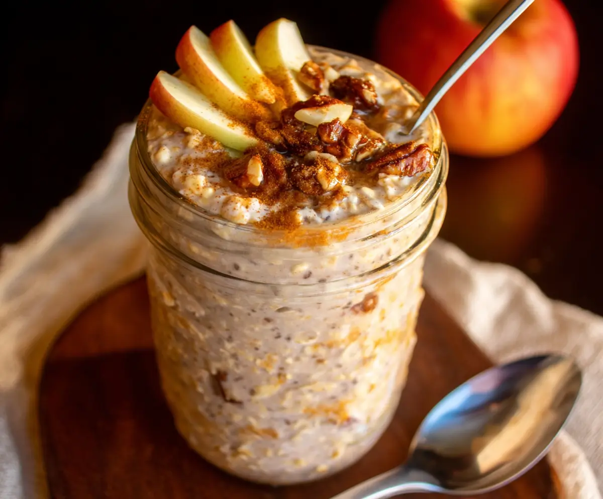 Healthy Apple Cinnamon Protein Overnight Oats in a glass jar, topped with fresh apple slices and cinnamon.