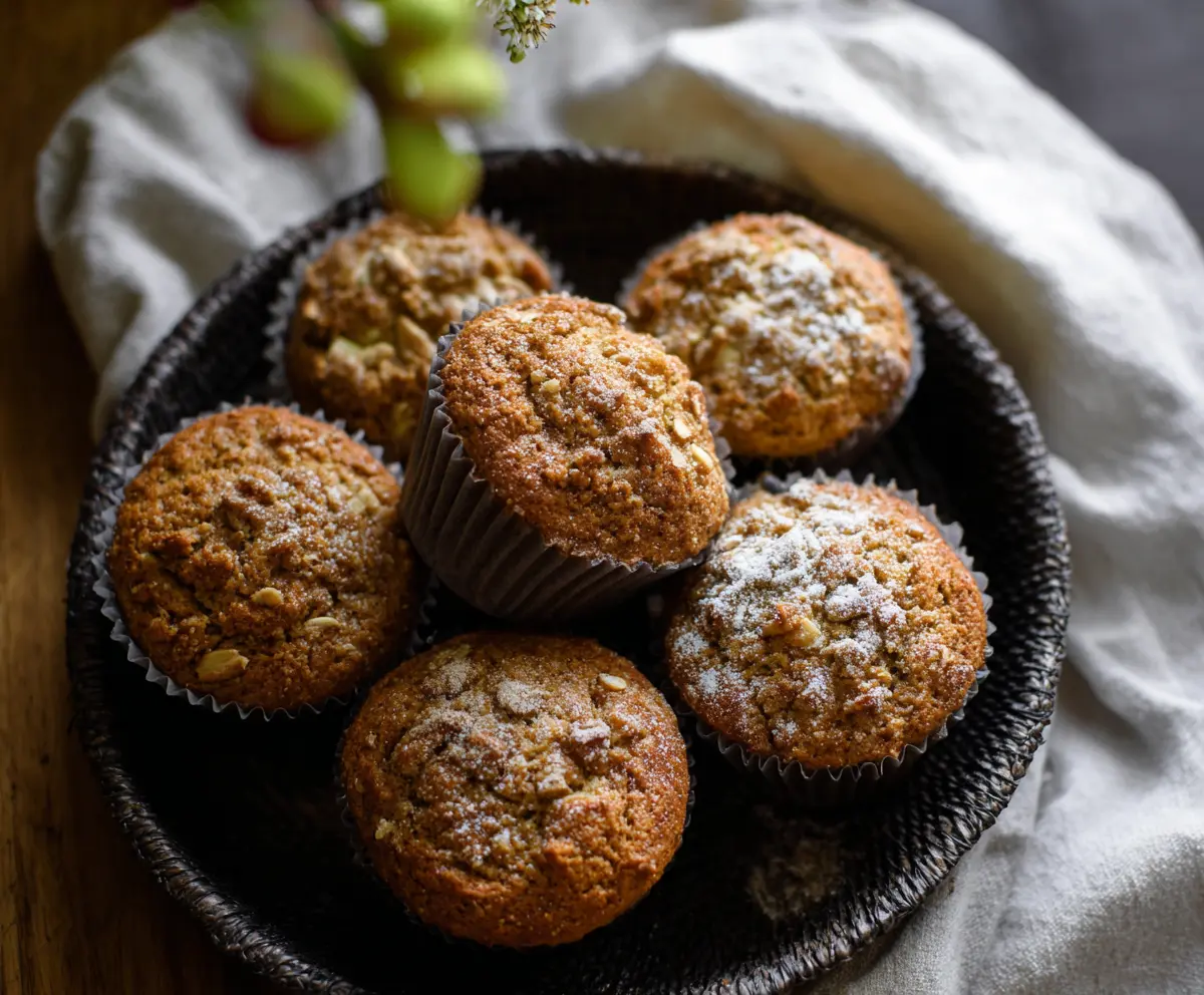 Fresh Apple Cinnamon Sourdough Muffins topped with cinnamon sugar on a rustic baking tray.