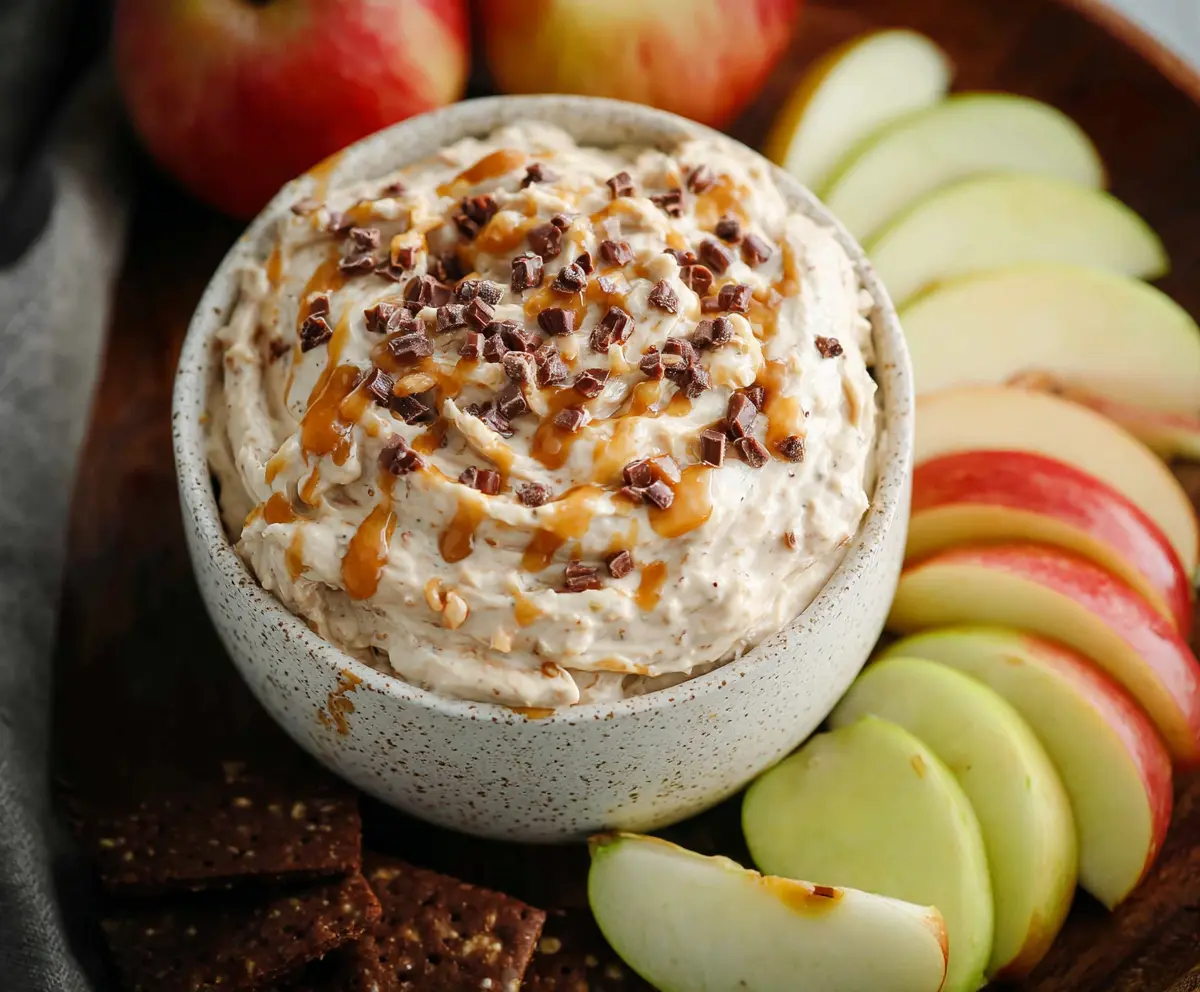 Creamy apple toffee dip served with fresh fruit for a delicious snack.