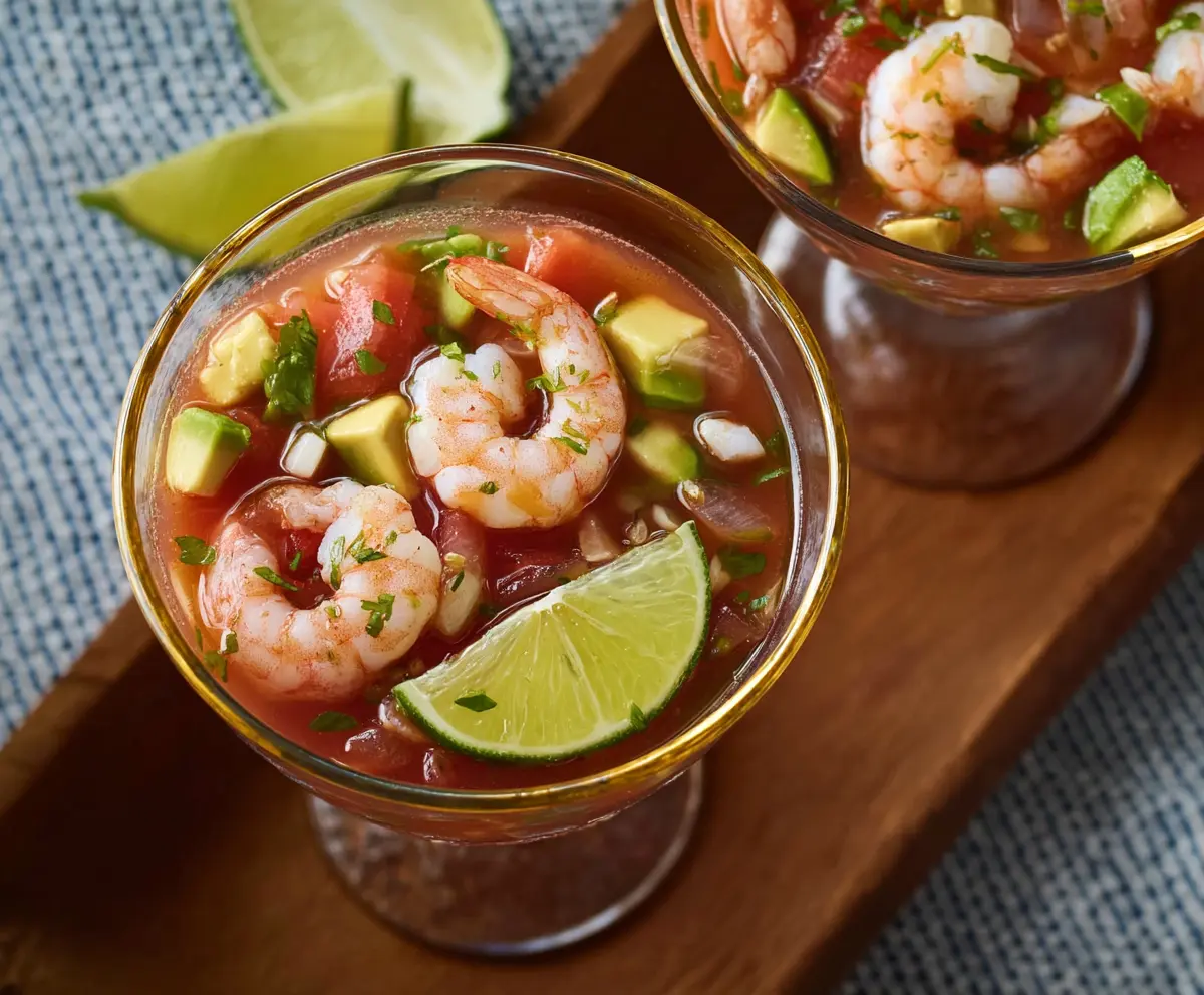 Bowl of authentic Mexican shrimp cocktail garnished with lime and cilantro on a vibrant table.