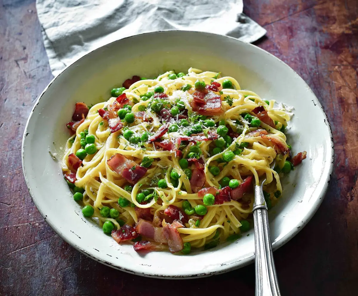 Delicious bacon and pea pasta dish served on a white plate, perfect for a savory meal.