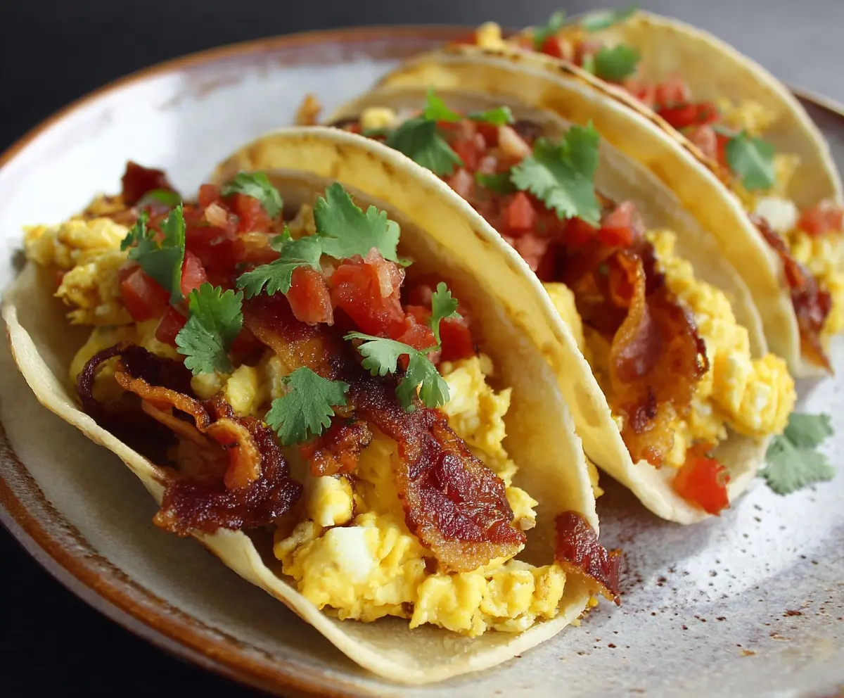 Delicious bacon and scrambled eggs breakfast tacos with fresh toppings on a white plate.
