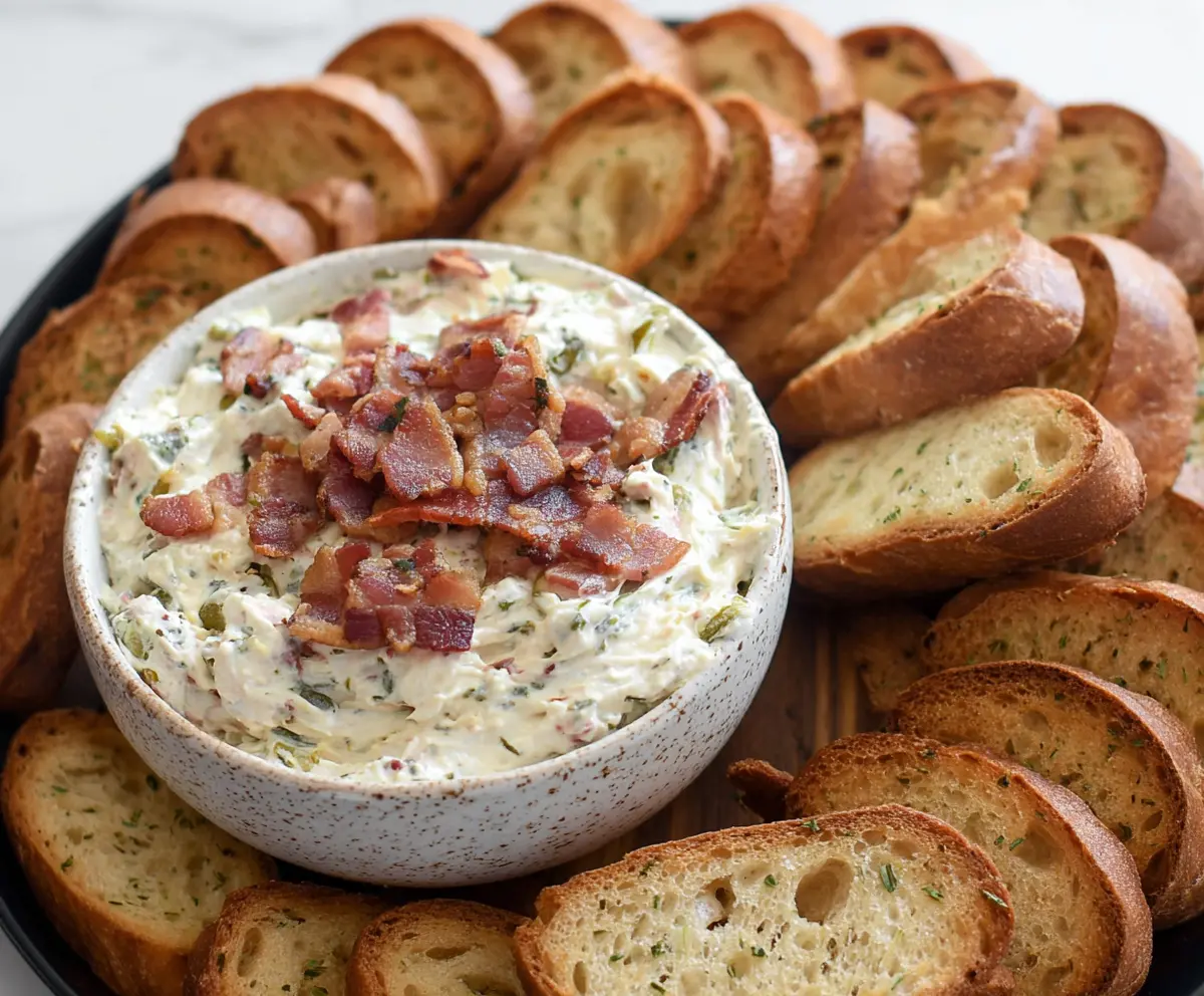 Creamy bacon and jalapeño cheese dip garnished with chopped herbs in a bowl.