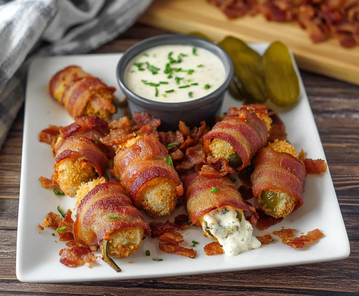 Delicious Bacon Pickle Poppers with crispy bacon wrapping tangy pickles for a savory appetizer