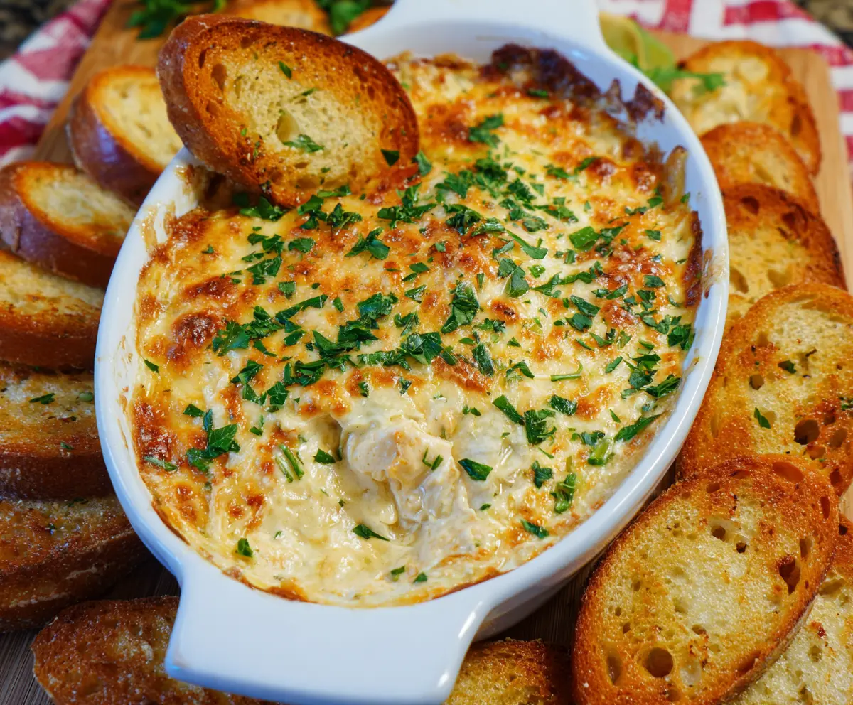 Creamy Baked Chicken Alfredo Dip in a serving bowl, topped with herbs and grated cheese.