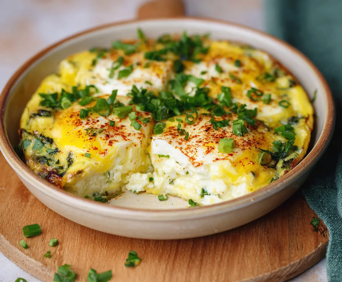 Delicious baked cottage cheese eggs served on a white plate, garnished with herbs for a healthy breakfast