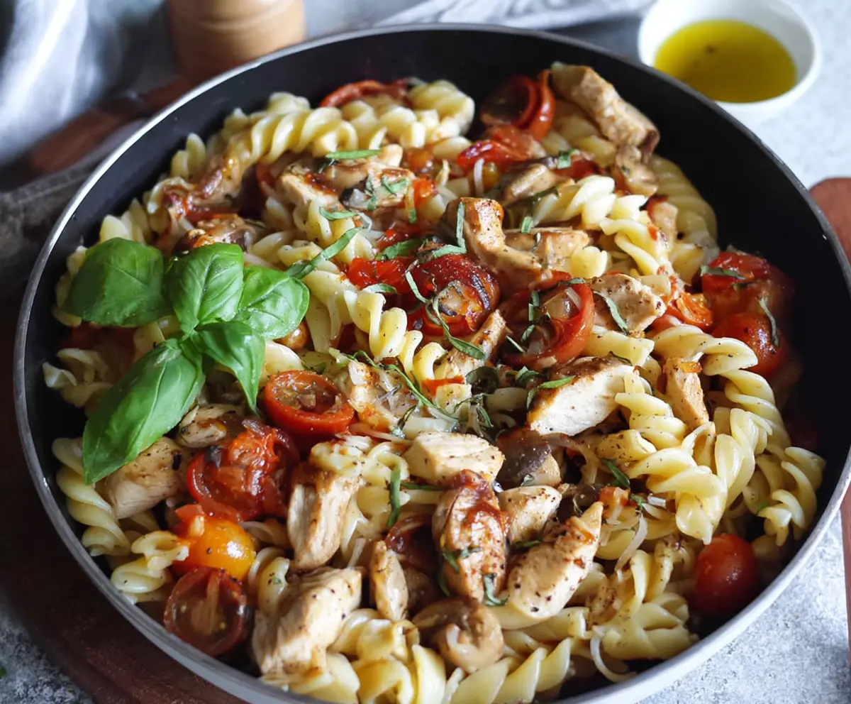 Delicious balsamic chicken pasta served with fresh herbs and cherry tomatoes on a white plate.
