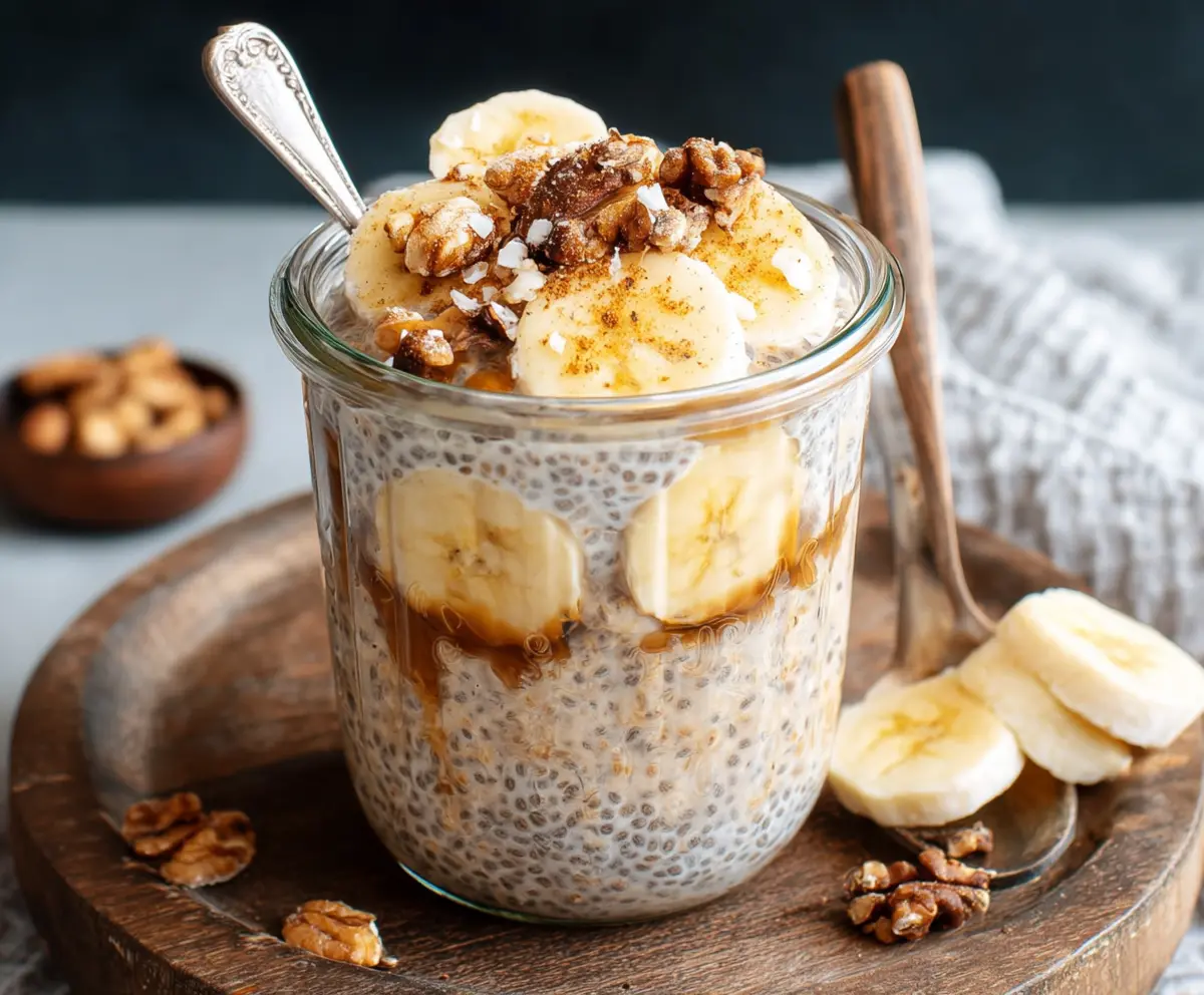 Healthy Banana Chia Overnight Oats in a jar with sliced bananas and chia seeds for a nutritious breakfast.