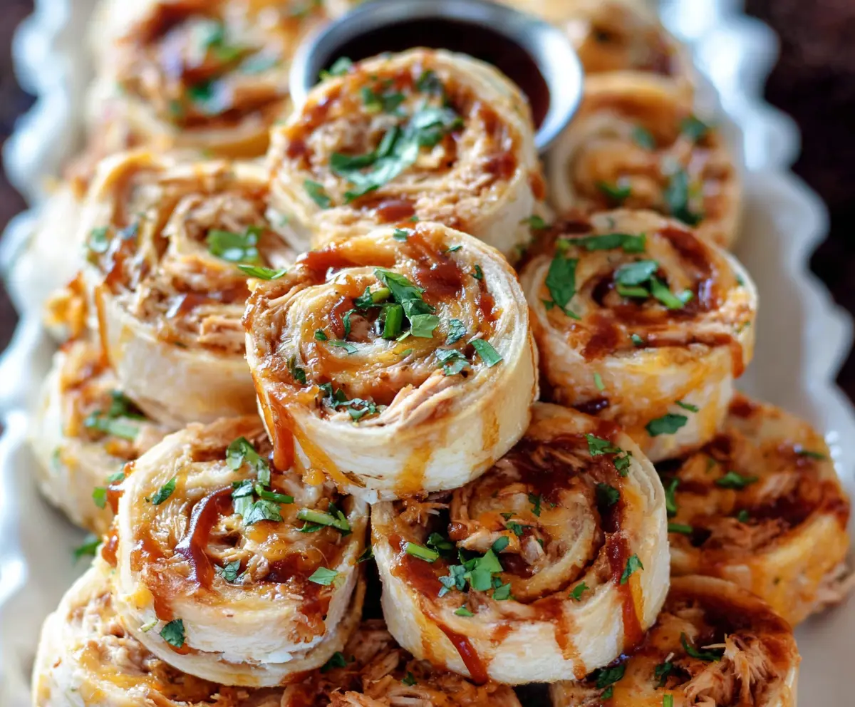 Delicious BBQ chicken and cheddar cheese pinwheels on a serving plate, perfect for appetizers.