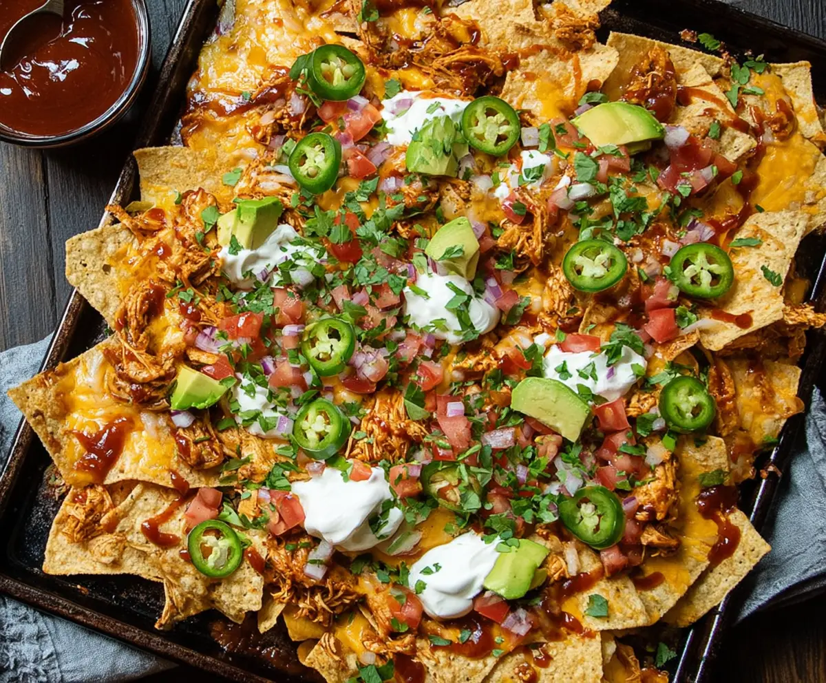 Delicious BBQ Chicken Nachos topped with melted cheese, jalapenos, and fresh herbs