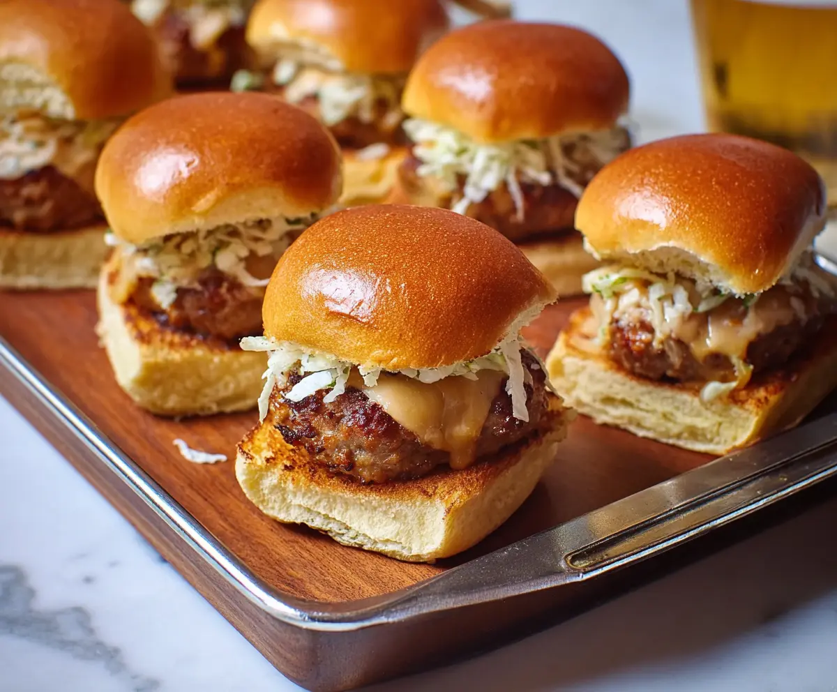 Delicious Beer Brat Sliders with melted cheese and savory sausage on slider buns.