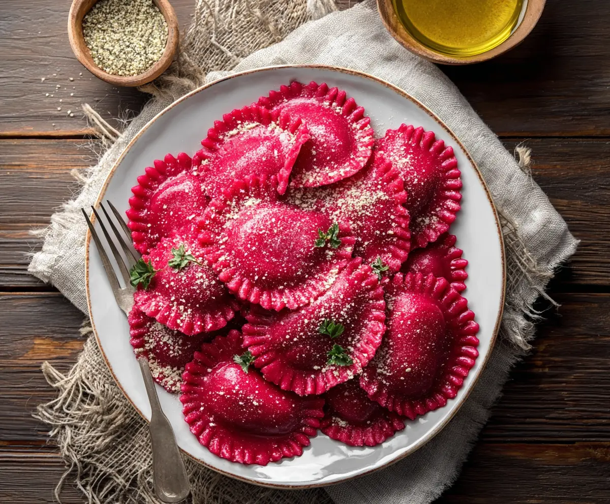 Delicious homemade beet ravioli with vibrant red coloring and fresh herb garnish