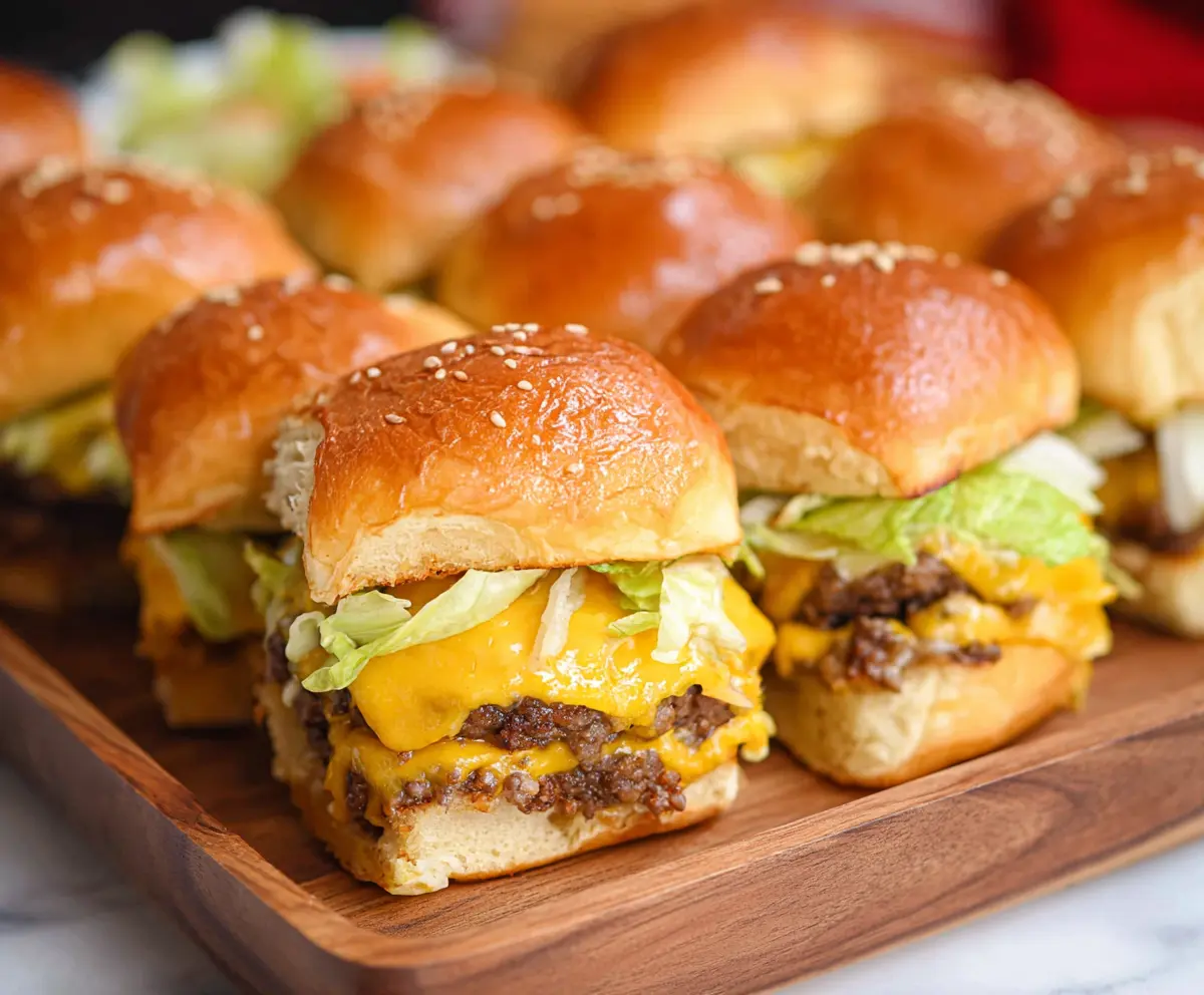 Delicious Big Mac Cheeseburger Sliders with sesame seed buns, melted cheese, and fresh toppings.