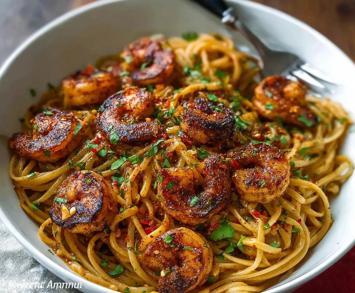 Delicious blackened shrimp pasta garnished with herbs on a white plate, perfect for a flavorful seafood dinner