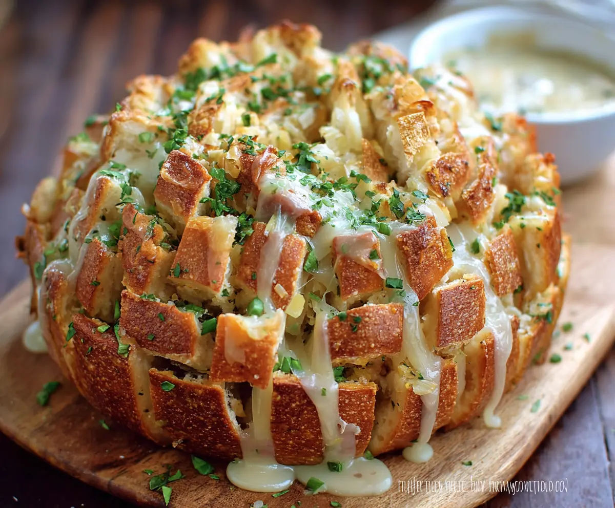 Delicious Bloomin Onion Pull Apart Bread with golden crispy crust and gooey cheese inside.