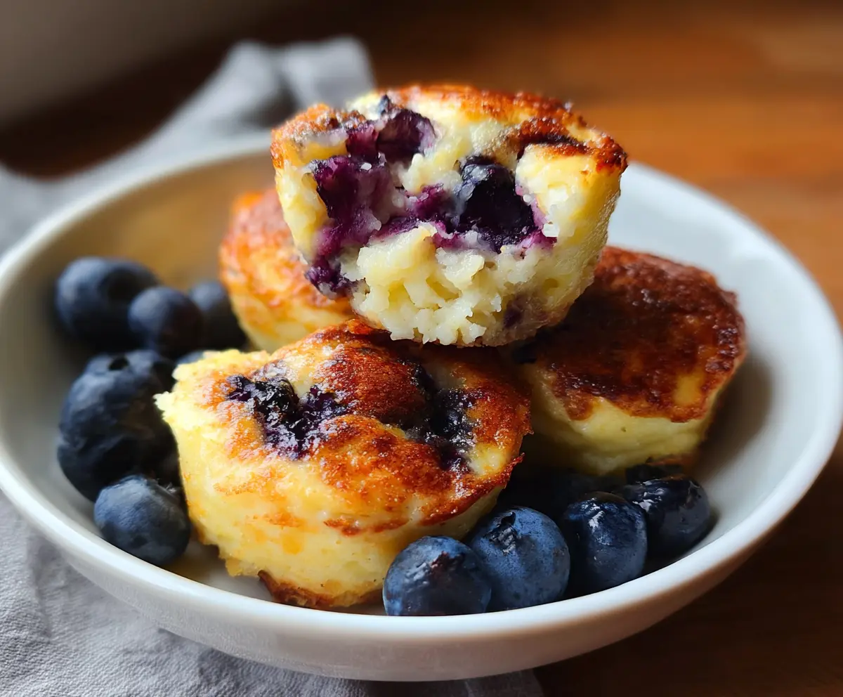 Mini blueberry cottage cheese pancake bites served on a white plate, garnished with fresh blueberries and mint.