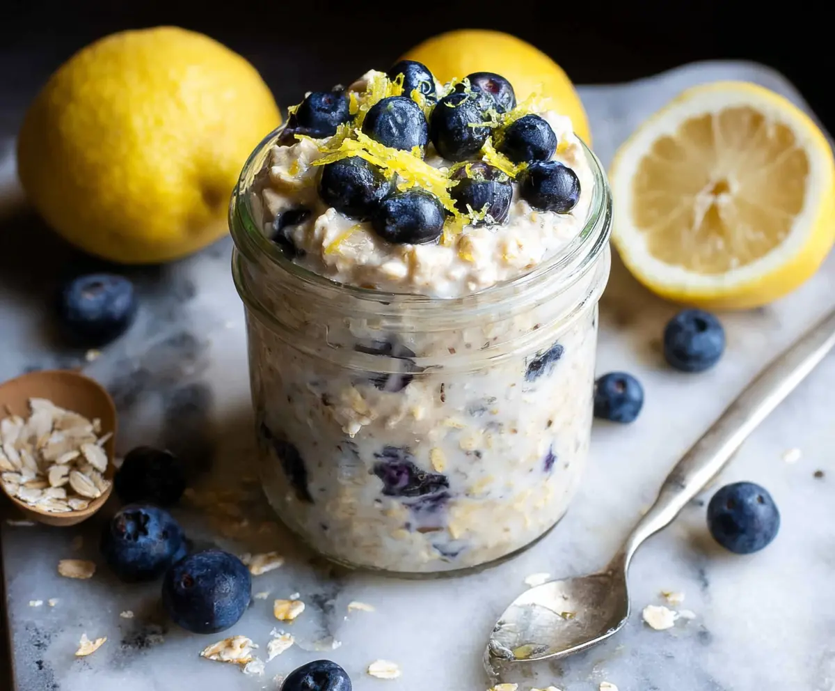 Healthy Blueberry Lemon Overnight Oats in a glass jar with fresh blueberries and lemon slices
