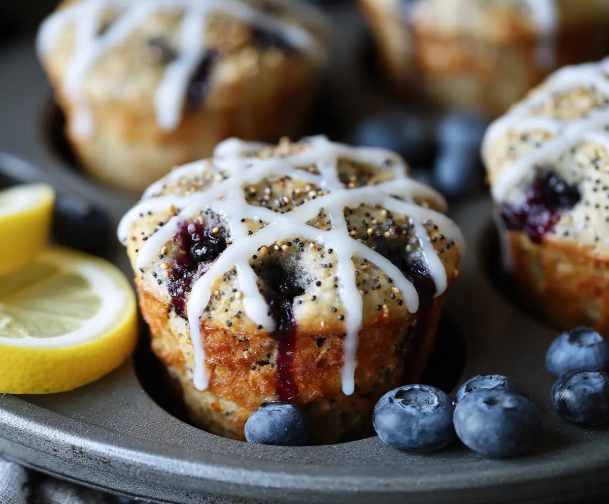 Freshly baked blueberry lemon poppy seed sourdough muffins on a plate with lemon slices and blueberries.