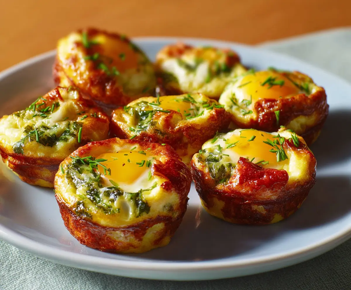 Baked breakfast egg cups with vegetables and cheese in a muffin tin