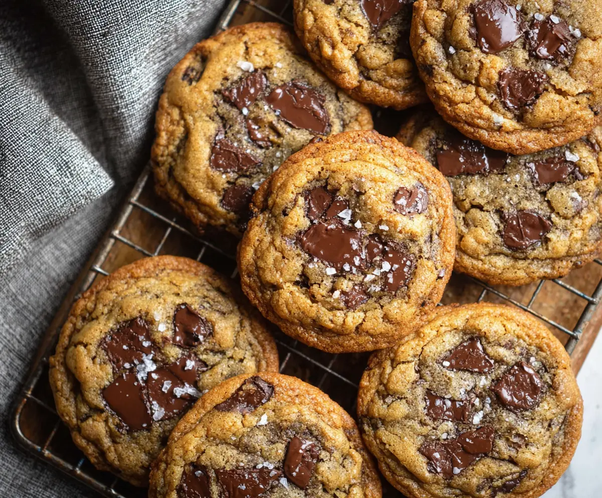 Delicious brown butter sourdough discard chocolate chip cookies on a plate, perfect for dessert.