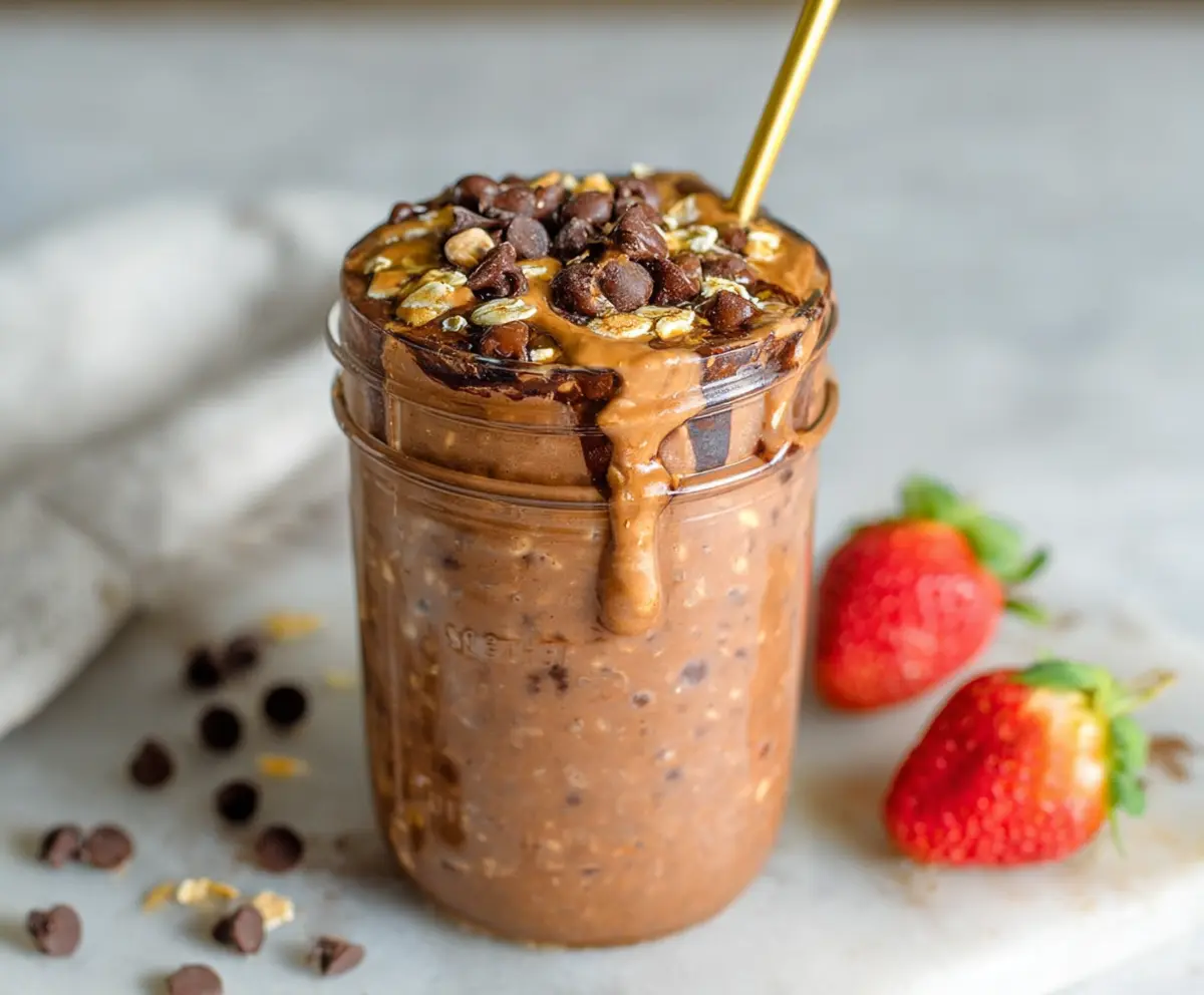 Creamy brownie batter overnight oats topped with chocolate chips and strawberries for a delicious breakfast.