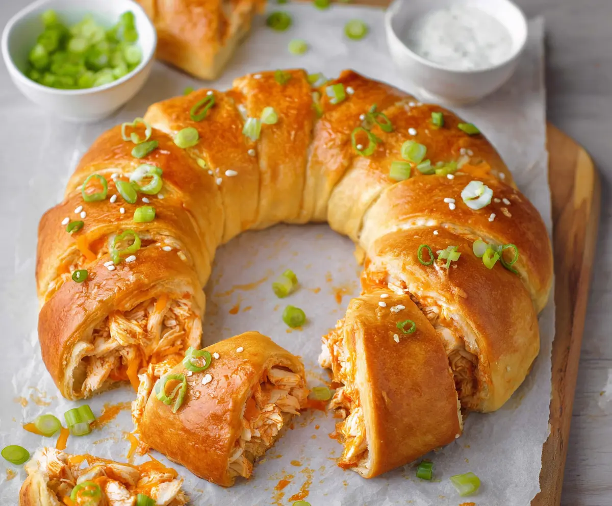 Delicious Buffalo Chicken Crescent Roll Ring served hot with a crispy outer layer and flavorful filling.