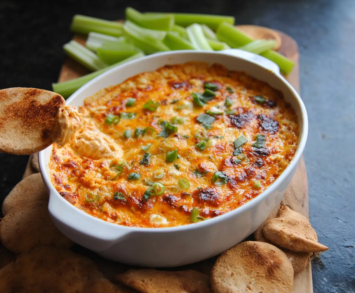 Creamy buffalo chicken dip with shredded chicken, cheese, and spicy buffalo sauce served with vegetables.