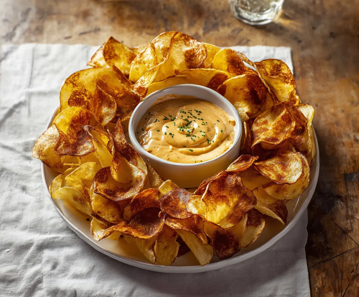 Crispy buffalo chips served with spicy Louisiana hot dip in a bowl.