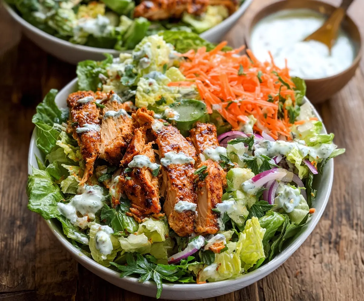 Creamy Buffalo Ranch Chicken Salad with fresh vegetables and herbs