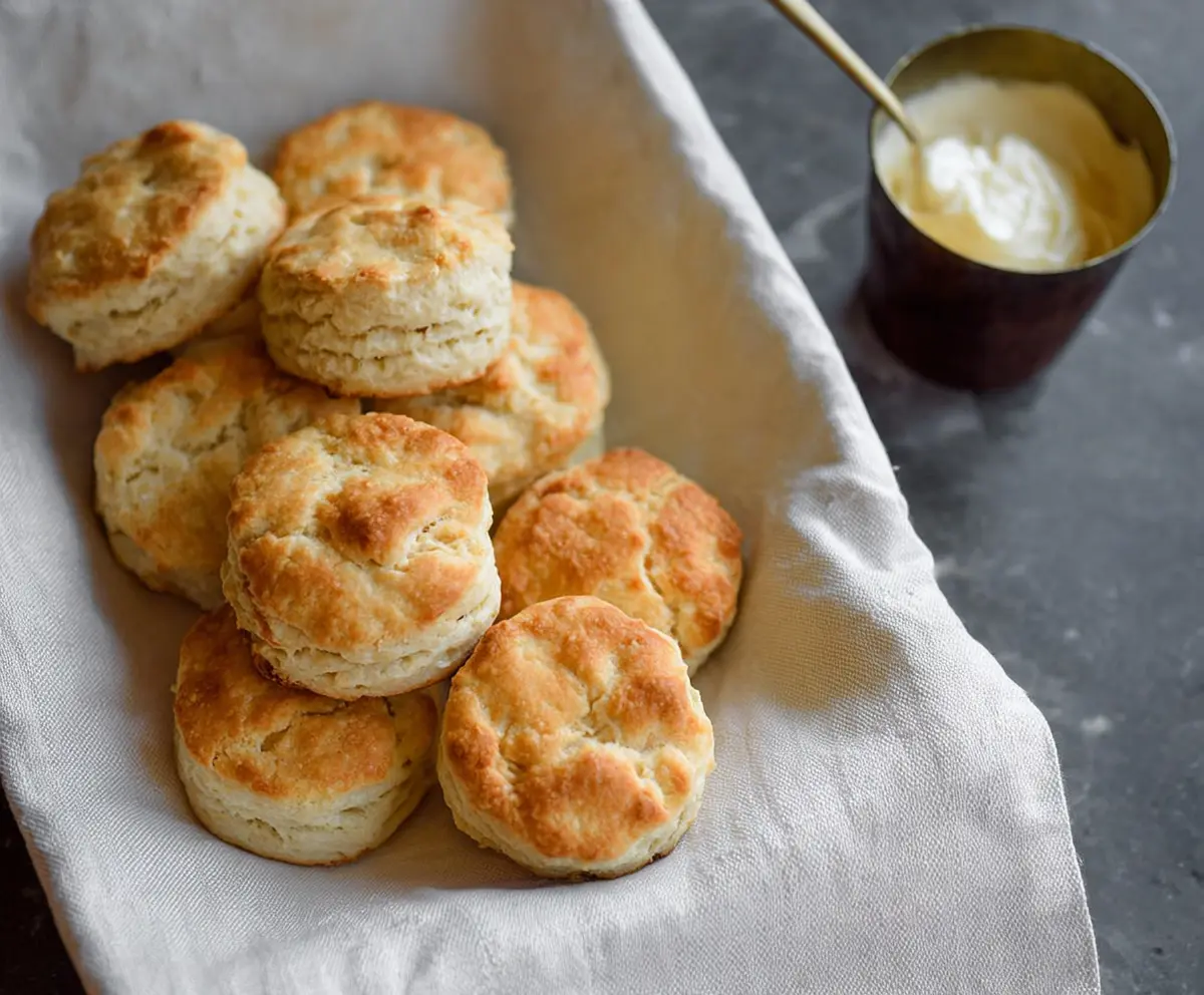 Delicious homemade buttermilk sourdough freezer biscuits on a baking tray.