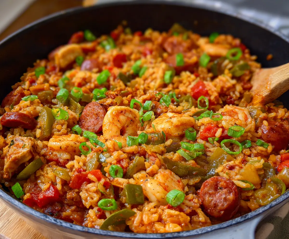 Delicious Cajun Jambalaya featuring chicken, shrimp, and sausage served in a bowl.