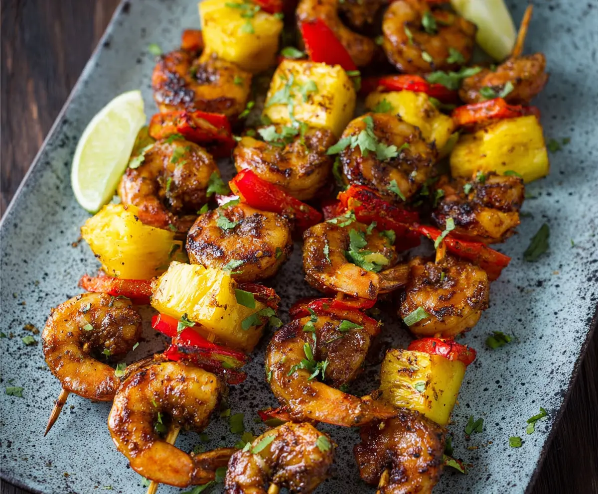Grilled Caribbean Jerk Shrimp Skewers with vibrant spices and colorful vegetables on a wooden plate.
