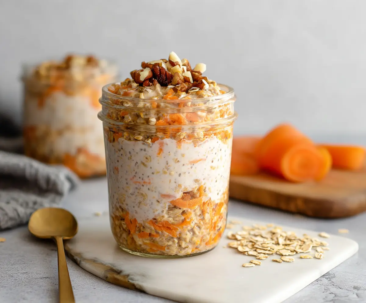 Delicious carrot cake overnight oats served in a jar with grated carrots and cream cheese frosting.