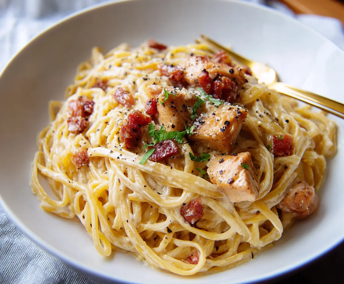 Delicious Chicken Carbonara Pasta served on a plate with creamy sauce and garnished with parsley.