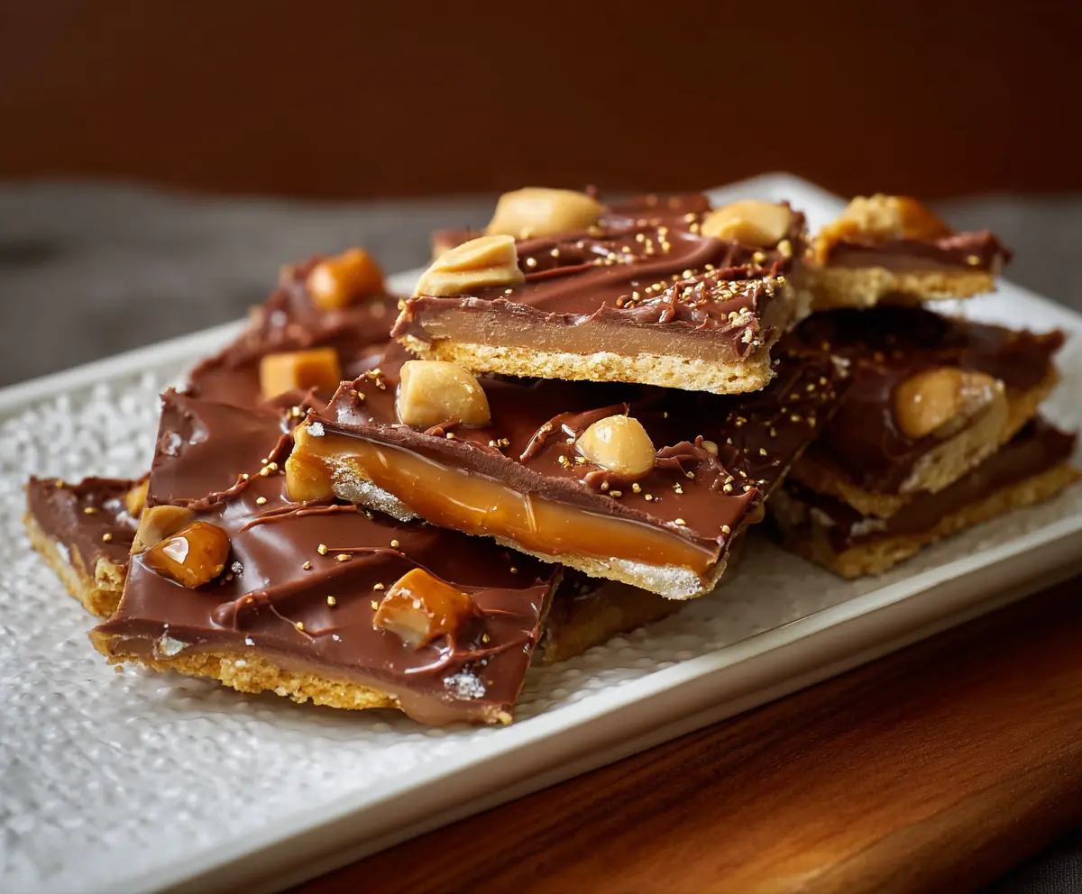 Delicious chocolate and peanut butter cup cracker toffee dessert with a glossy finish.