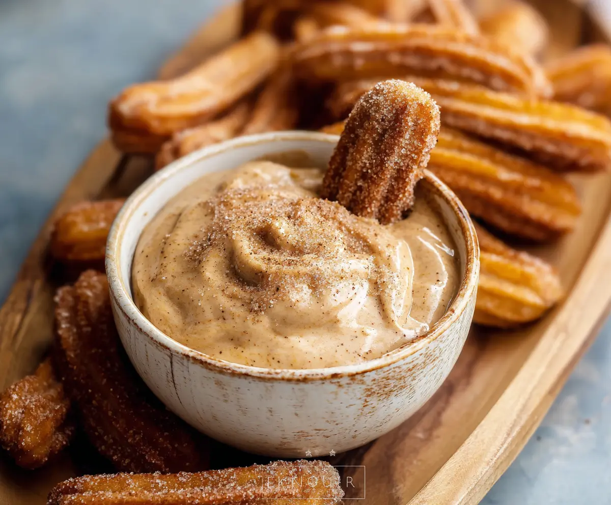 Delicious churro dip served with crispy churros for a sweet treat.