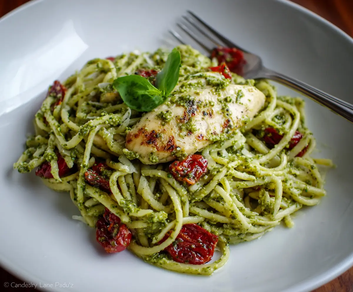 Delicious Cilantro Chicken and Pesto Pasta dish on a plate, garnished with fresh cilantro.