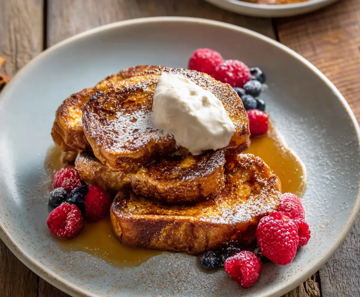 Delicious cinnamon French toast topped with powdered sugar and fresh berries on a rustic plate.