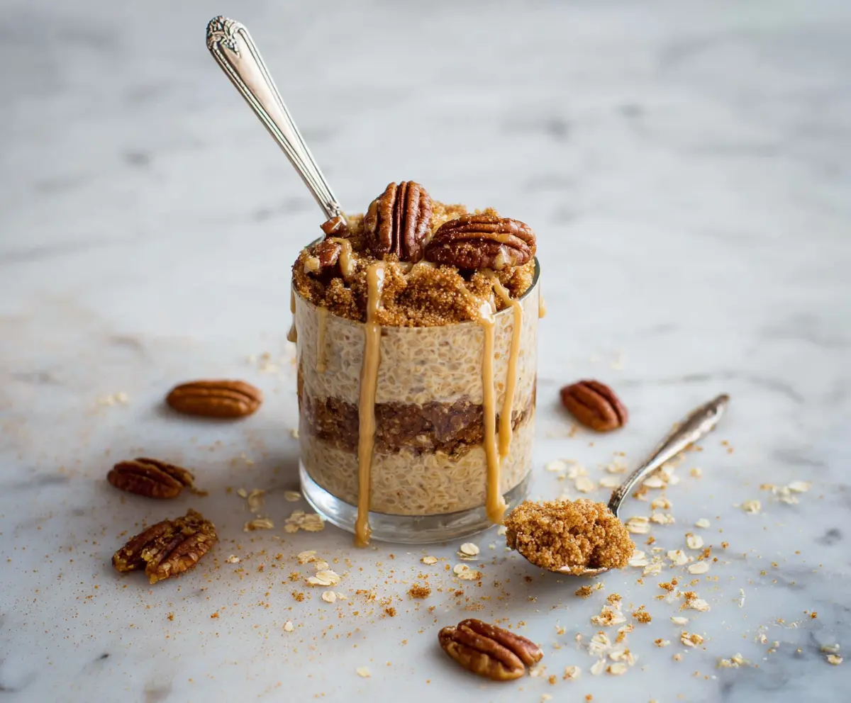 Creamy coffee cake overnight oats in a glass jar topped with cinnamon and nuts, ideal for a delicious breakfast.