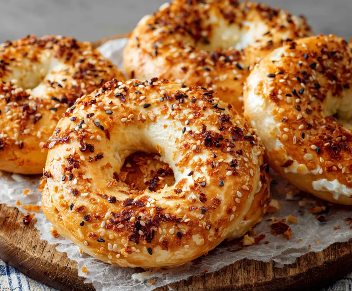 Delicious homemade cottage cheese bagels on a rustic wooden table, perfect for a healthy breakfast.