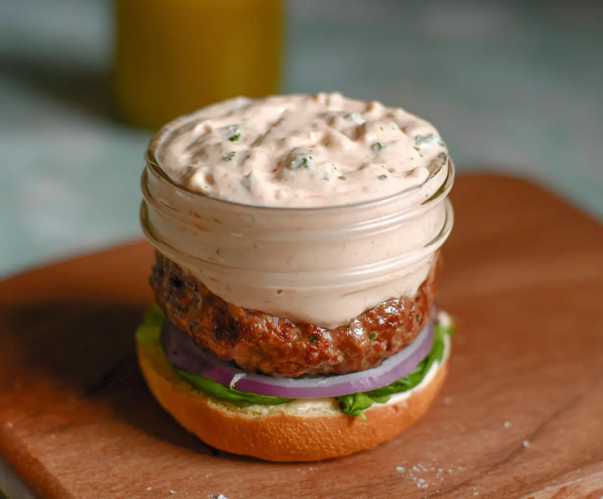 Creamy cottage cheese burger sauce with herbs in a bowl, perfect for sandwiches and grills