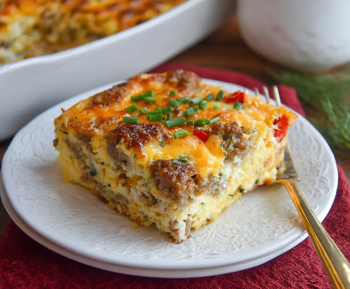 Delicious Cottage Cheese Turkey Sausage Breakfast Casserole in a baking dish, garnished with herbs.