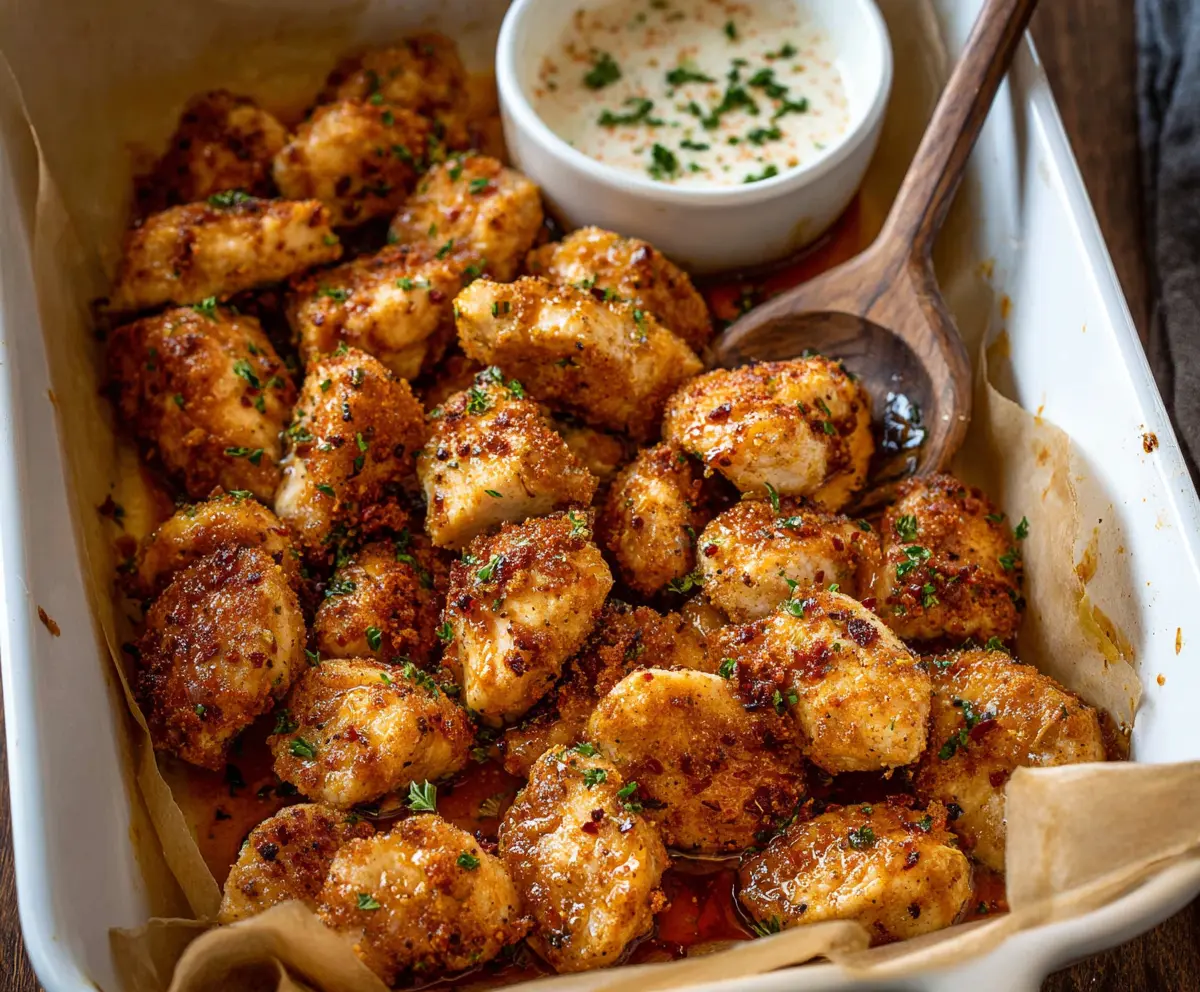 Juicy Cowboy Butter Chicken Bites garnished with fresh herbs on a rustic plate.
