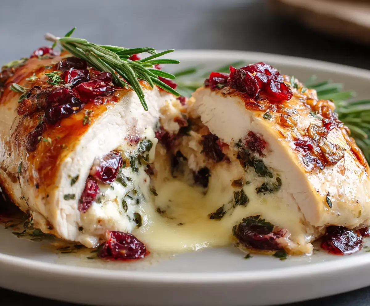 Cranberry Brie Stuffed Chicken garnished with fresh herbs on a rustic plate
