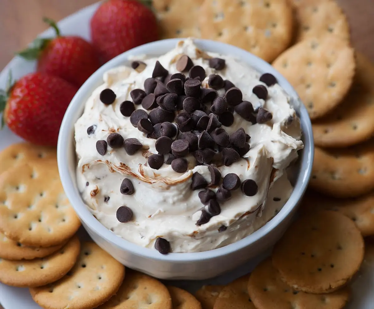Cream cheese chocolate chip dip served with fresh fruit for a sweet snack