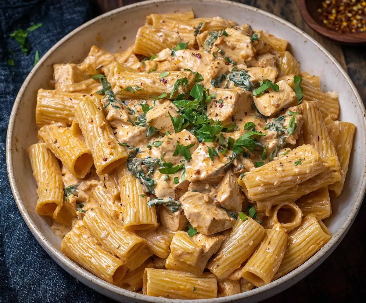 Delicious creamy chicken rigatoni pasta with a rich sauce and tender chicken pieces on a plate.